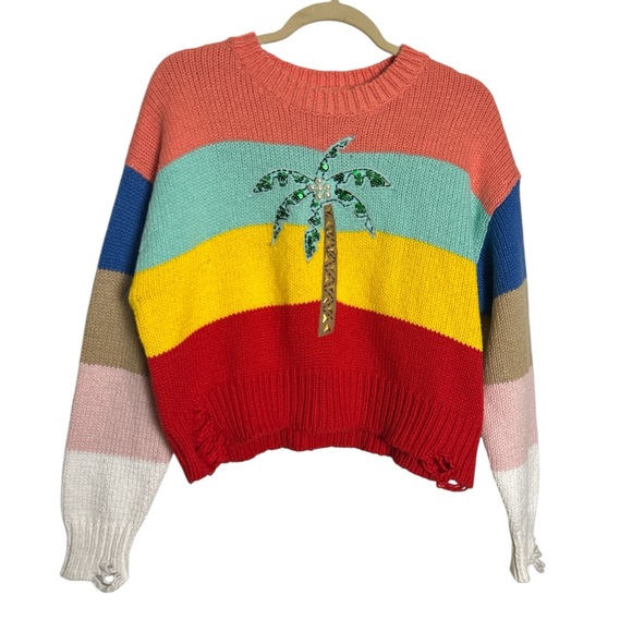 Wildfox Sweaters - Wildfox Striped Embellished Cotton Sweater Distressed Size S